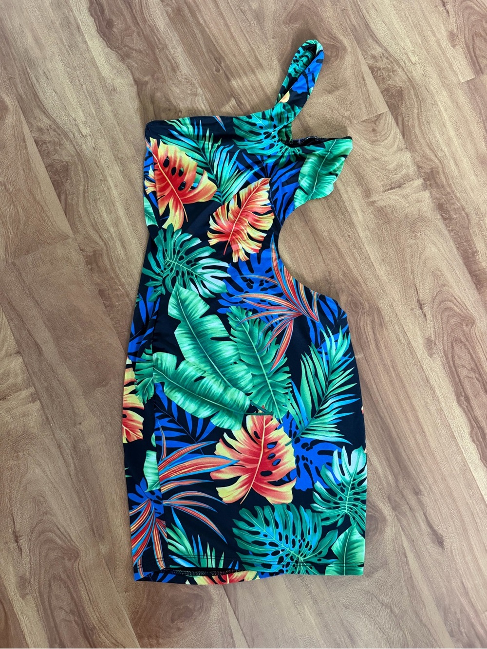 Tropical One-Shoulder Bodycon Dress in Black and Green